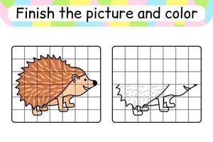 Complete the picture hedgehog. Copy the picture and color. Finish the image. Coloring book. Educational drawing exercise game for children vector