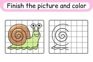 Complete the picture snail. Copy the picture and color. Finish the image. Coloring book. Educational drawing exercise game for children vector