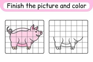 Complete the picture pig. Copy the picture and color. Finish the image. Coloring book. Educational drawing exercise game for children vector