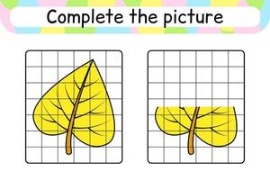 completar el cuadro hoja de abedul. copiar la imagen y el color. terminar la imagen. libro de colorear. juego educativo de ejercicios de dibujo para niños vector