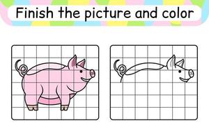 Complete the picture pig. Copy the picture and color. Finish the image. Coloring book. Educational drawing exercise game for children vector