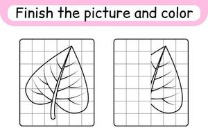 completar el cuadro hoja de abedul. copiar la imagen y el color. terminar la imagen. libro de colorear. juego educativo de ejercicios de dibujo para niños vector