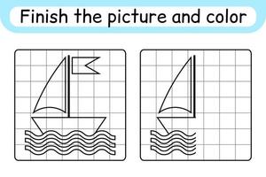 Complete the picture ship. Copy the picture and color. Finish the image. Coloring book. Educational drawing exercise game for children vector