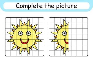 Complete the picture sun. Copy the picture and color. Finish the image. Coloring book. Educational drawing exercise game for children vector