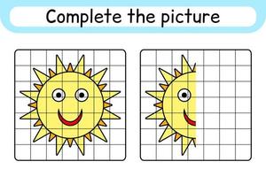 Complete the picture sun. Copy the picture and color. Finish the image. Coloring book. Educational drawing exercise game for children vector