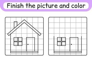 Complete the picture home. Copy the picture and color. Finish the image. Coloring book. Educational drawing exercise game for children vector