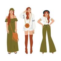 Boho style fashion outfit. Women in boho outfit. Boho-chic fashion set for young women. Bohemian style vector