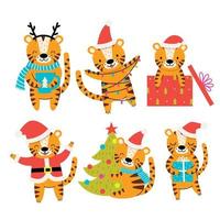 Set of cute Christmas tigers. The symbol of the year. Vector illustration.