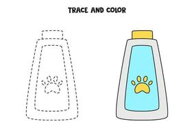 Trace and color cartoon pet shampoo. Worksheet for children. vector