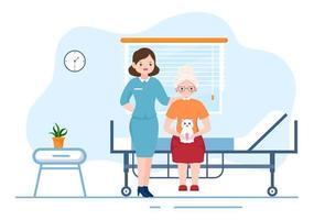 Elderly Care Services Hand Drawn Cartoon Flat Illustration with Caregiver, Nursing Home, Assisted Living and Support Design vector