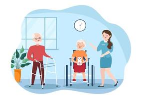 servicios de cuidado de ancianos dibujados a mano ilustración plana de dibujos animados con cuidador, hogar de ancianos, vida asistida y diseño de apoyo vector