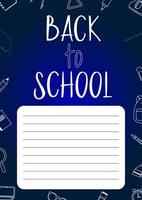 Back to school poster for kids with line art supplies on the background. Doodle style. vector