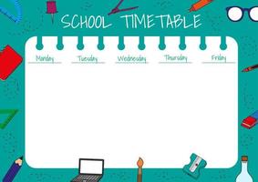 School timetable template for kids with days of the week and school supplies on the background. Weekly planner. Schedule design template. vector