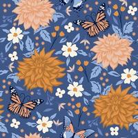 Seamless pattern with flowers and butterflies. Vector graphics.