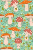 Seamless pattern with cute amanita in the meadow. Vector graphics.