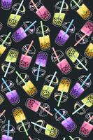 Seamless pattern with bubble tea on a dark background. Vector graphics.