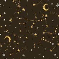 Seamless star pattern with moon and constellations. Vector graphics.