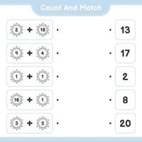 Count and match, count the number of Snowflake and match with the right numbers. Educational children game, printable worksheet, vector illustration