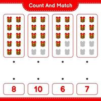 Count and match, count the number of Gift Box and match with the right numbers. Educational children game, printable worksheet, vector illustration