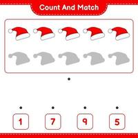 Count and match, count the number of Santa Hat and match with the right numbers. Educational children game, printable worksheet, vector illustration
