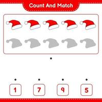 Count and match, count the number of Santa Hat and match with the right numbers. Educational children game, printable worksheet, vector illustration