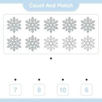 Count and match, count the number of Snowflake and match with the right numbers. Educational children game, printable worksheet, vector illustration