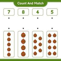 Count and match, count the number of Christmas Ball and match with the right numbers. Educational children game, printable worksheet, vector illustration