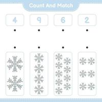 cuenta y empareja, cuenta el número de copos de nieve y empareja con los números correctos. juego educativo para niños, hoja de cálculo imprimible, ilustración vectorial vector