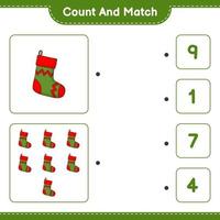 cuente y combine, cuente el número de calcetín navideño y combine con los números correctos. juego educativo para niños, hoja de cálculo imprimible, ilustración vectorial vector