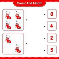 Count and match, count the number of Christmas Sock and match with the right numbers. Educational children game, printable worksheet, vector illustration