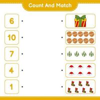 cuente y combine, cuente el número de bolas navideñas, sombreros, calcetines, cajas de regalo, galletas y combine con los números correctos. juego educativo para niños, hoja de cálculo imprimible, ilustración vectorial vector