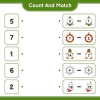 Count and match, count the number of Gingerbread Man, Tree, Sock, Christmas Ball, Snowflake and match with the right numbers. Educational children game, printable worksheet, vector illustration