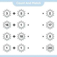 Count and match, count the number of Snowflake and match with the right numbers. Educational children game, printable worksheet, vector illustration