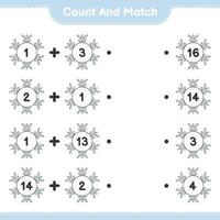 Count and match, count the number of Snowflake and match with the right numbers. Educational children game, printable worksheet, vector illustration