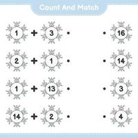 Count and match, count the number of Snowflake and match with the right numbers. Educational children game, printable worksheet, vector illustration