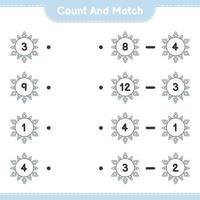 Count and match, count the number of Snowflake and match with the right numbers. Educational children game, printable worksheet, vector illustration