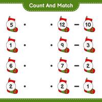 Count and match, count the number of Christmas Sock and match with the right numbers. Educational children game, printable worksheet, vector illustration