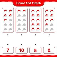 Count and match, count the number of Santa Hat and match with the right numbers. Educational children game, printable worksheet, vector illustration