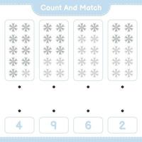 Count and match, count the number of Snowflake and match with the right numbers. Educational children game, printable worksheet, vector illustration