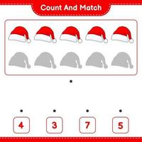 Count and match, count the number of Santa Hat and match with the right numbers. Educational children game, printable worksheet, vector illustration