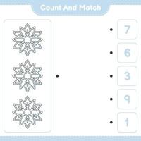 Count and match, count the number of Snowflake and match with the right numbers. Educational children game, printable worksheet, vector illustration