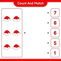 Count and match, count the number of Santa Hat and match with the right numbers. Educational children game, printable worksheet, vector illustration