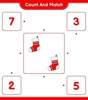 Count and match, count the number of Christmas Sock and match with the right numbers. Educational children game, printable worksheet, vector illustration