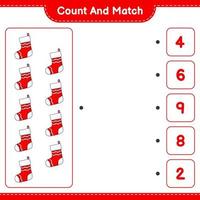 Count and match, count the number of Christmas Sock and match with the right numbers. Educational children game, printable worksheet, vector illustration