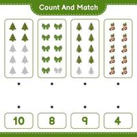 Count and match, count the number of Christmas Tree, Ribbon, Christmas Sock and match with the right numbers. Educational children game, printable worksheet, vector illustration