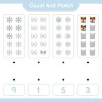 Count and match, count the number of Ribbon, Snowflake, Gift Box and match with the right numbers. Educational children game, printable worksheet, vector illustration