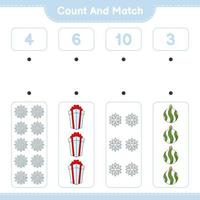 Count and match, count the number of Snowflake, Christmas Ball, Gift Box and match with the right numbers. Educational children game, printable worksheet, vector illustration