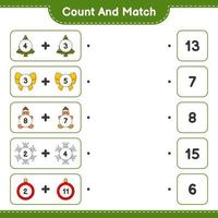 Count and match, count the number of Snowflake, Ribbon, Tree, Christmas Ball, Gingerbread Man and match with the right numbers. Educational children game, printable worksheet, vector illustration