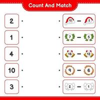 Count and match, count the number of Ribbon, Hat, Christmas Bell, Cookies and match with the right numbers. Educational children game, printable worksheet, vector illustration