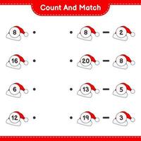 Count and match, count the number of Santa Hat and match with the right numbers. Educational children game, printable worksheet, vector illustration